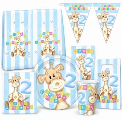 Produktbild von Partyset 2. Geburtstag Geburtstagsdeko Deko Giraffe Kindergeburtstag Zahl 2 Junge hellblau