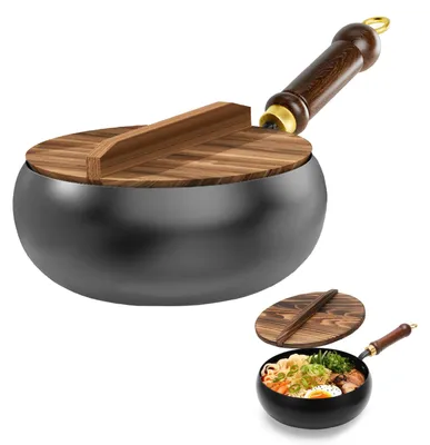 Gusseiserne Pfanne 24 cm mit Holzdeckel, geschmiedet, für alle Herdarten