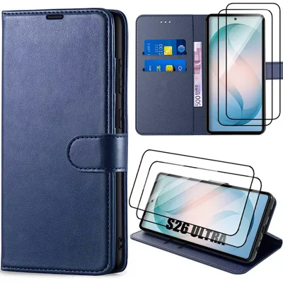 Image de Coque + 2 Verres Trempés pour Samsung Galaxy S26 Ultra, Protection Rabat Antichoc Synthécuir Bleu Marine