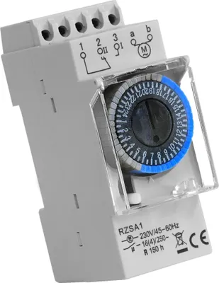 A close-up, angled view of a mechanical timer switch.