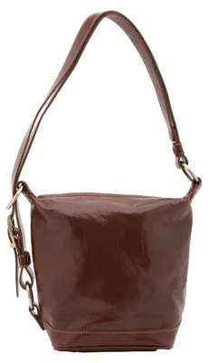 Imagen del producto de Bolsa de cuero genuino, color marrón, con correa de hombro ajustable, fabricada en Italia