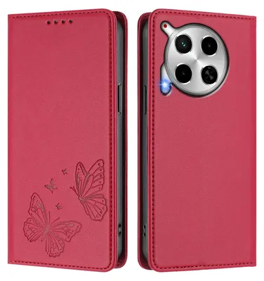 Image de Étui en cuir pour Tecno Camon 30 4G/Camon 30 5G, motif papillon, étui à rabat avec porte-appareil, rouge