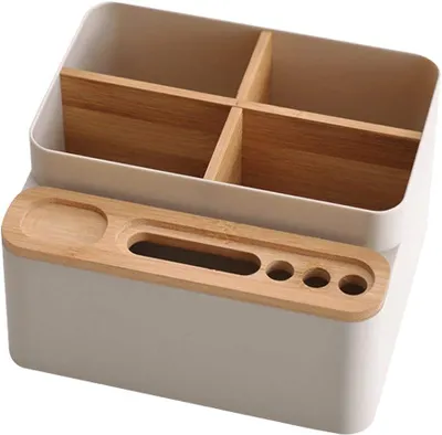 Produktbild von Schreibtisch Organizer Holz, Stiftehalter Desktop Fernbedienungshalter Make Up Organizer Kosmetik Aufbewahrung Stiftehalter Tisch Aufbewahrungsbox Abnehmbarem