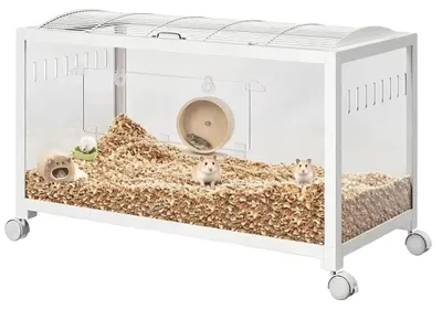 Obrázek produktu pro Klec pro křečka, průhledné akrylové panely, mobilní díky kolečkům, bílá barva