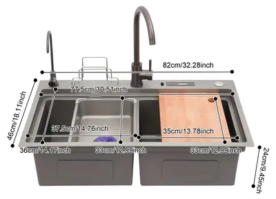 Produktbild von Küchenspüle - Doppelspüle 82x46 cm - Edelstahl 304 - Einbauspüle - mit Wasserhahn, 2 Hahnlöcher - grau