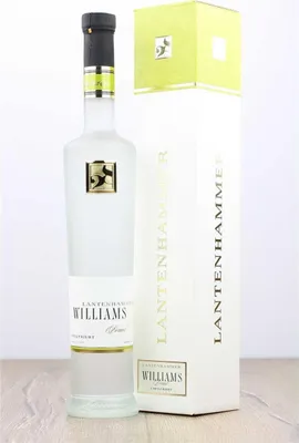 A bottle of Lantenhammer Williams Pear Brandy and its gift box are displayed on a wooden surface against a white background.