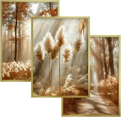 Produktbild von Bilder Poster Goldrahmen Triptychon im Rahmen Wanddeko Gräser Boho