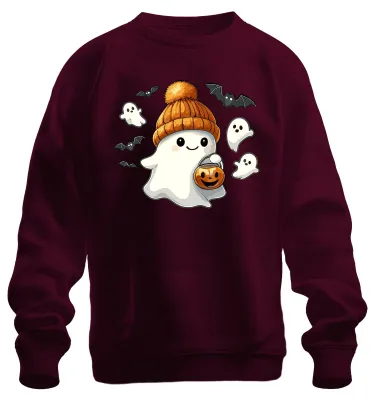 Produktbild von Niedlicher Halloween Geist mit Mütze Kürbis Laterne Kawaii Sweatshirt Pullover, Burgundy, XXL