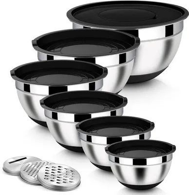 Productafbeelding van Ibenzoa® 6-delige set mengkommen van roestvrij staal (0,7 liter, 1,2 liter, 1,6 liter, 2,5 liter, 2,8 liter, 4,6 liter) met siliconenbodem, 3 raspaccessoires en luchtdichte deksels