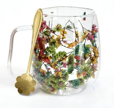 Immagine prodotto di Tazza termica a doppia parete per tè, con fiori secchi e cucchiaino, capacità 390 ml, multicolore