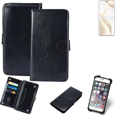 A collection of black leather phone cases and a smartphone.
