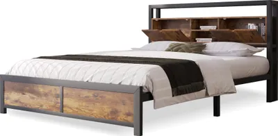 Image de OKWISH Lit avec rangement 140x200 - Lit double métal avec tête de lit et sommier à lattes - Métal - Sans Matelas - Neutre