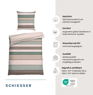 Produktbild von SCHIESSER Bettwäscheset Knut | Gestreift | Renforcé | 2-teilig | 100% Baumwolle | Angenehm weich & glatt | YKK-Reißverschluss | 135x200 cm + 80x80 cm | Mint