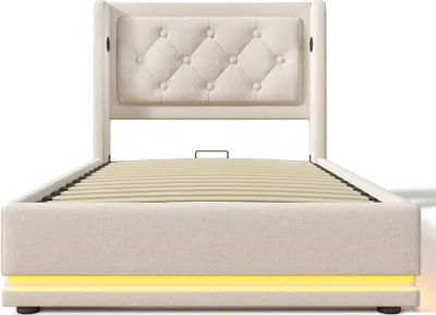 Produktbild von Flieks Polsterbett 90x200cm mit USB & Typ-C, Einzelbett Jugendbett mit LED, Hydraulisches Stauraumbett Boxspringbett mit Lattenrost, Baumwolle, Beige