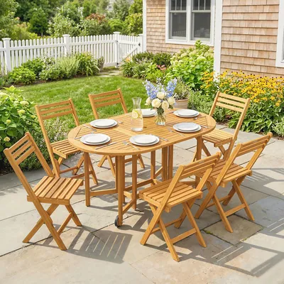 Produktbild von Gartenmöbel Set Akazienholz Sitzgruppe ausziehbar, 7-teilig, Holz Gartenset Naturholz | 150–190 x 90 x 74 cm | 6 Klappstühle | Schirmloch