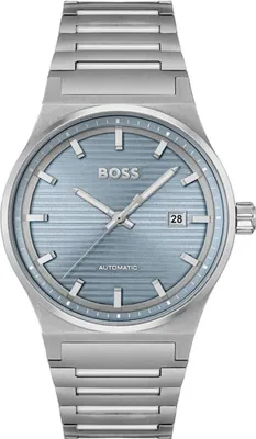 A close-up studio shot of a BOSS men's watch with a silver metal band and a blue dial.