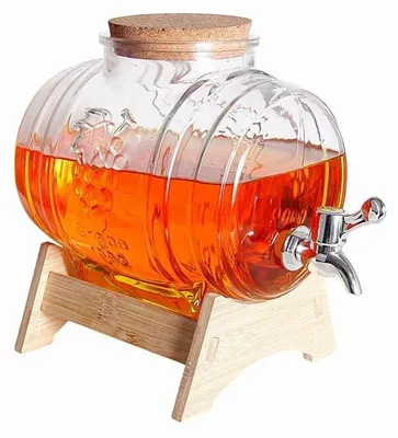 Produktbild von Getränkespender mit Zapfhahn, Glasfass für Limonade und Getränke, auf Holzständer 3 l