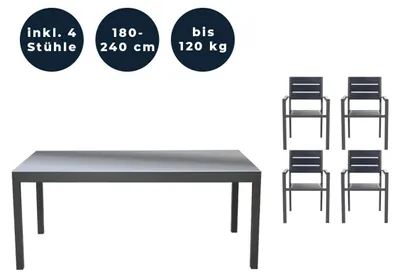 Produktbild von HOME DELUXE - Gartentisch ausziehbar - SOL - ca. 180 (240) x 90 x 75 cm - inkl. 4 Stühlen, inkl. Zubehör I Gartenmöbel Ausziehtisch Balkonset