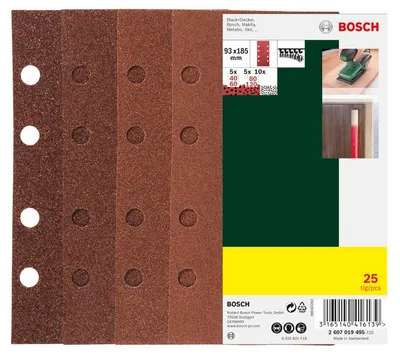 Image de Bosch - Kit de papier abrasif - 25 pièces - rectangulaires - grain : 60, 80, 120, 40 - 93 mm x 185 mm
