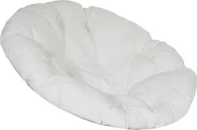 A white, circular cushion with tufted indentations, resembling a large seat cushion or a hanging chair pad.