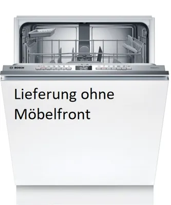 A white Bosch dishwasher with its door open, showing the interior racks and control panel. Text overlays are present on the front of the appliance.