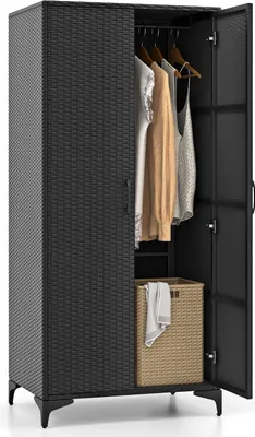 Immagine prodotto di COSTWAY Armadio in vimini a 2 ante, armadio alto 157 cm in rattan PE con asta appendiabiti e 4 scomparti Nero