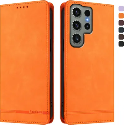 Produktbild von Hülle für Samsung Galaxy S23 Ultra, Retro Kunstleder Ständer Klapphülle mit Kartenfächer und Magnetische Orange