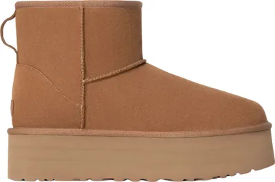 A side view of a brown UGG boot with a platform sole.