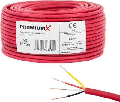 Produktbild von PremiumX 50m Brandmeldekabel BMK J-Y(ST)Y 2x2x0,8 Eca Fernmeldekabel rot