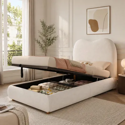 Image de Lit tapissier 90x200 cm avec espace de rangement hydraulique, sommier à lattes et tête de lit rembourrée de 11 cm, revêtement bouclé, couleur beige, Image générée par une IA