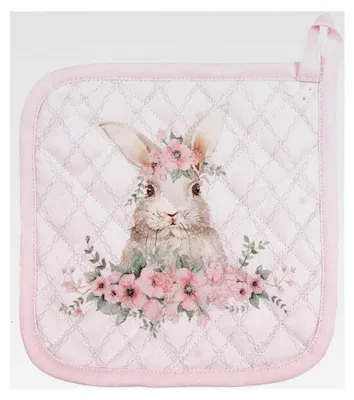 Produktbild von Topflappen in Pastellrosa mit Hasen- und Blumenmotiv