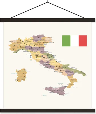 Produktbild von MuchoWow® Textilposter Karte von Italien 90x90 cm mit schwarzem Rahmen - Magnetisches