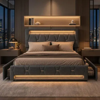 Produktbild von INONEFT Polsterbett 140x200cm mit LED und höhenverstellbarem Kopfteil, Jugendbett Doppelbett mit Lattenrost & 4 Schubladen, Stauraumbett, Leinen, Grau