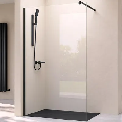Produktbild von doporro Duschwand 150x200cm Walk-In mit 30cm Nebenteil, 10mm Duschabtrennung schwarz Bremen mit rundem Stabilisator, aus Echtglas ESG-Sicherheitsglas