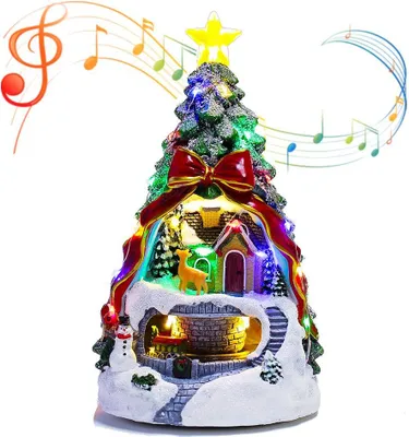 Produktbild von Beleuchtete Figuren aus der Weihnachtskollektion, musikalischer Weihnachtshirsch-Schneemann mit rotierendem Zug, für Tischdekorationen zu Hause