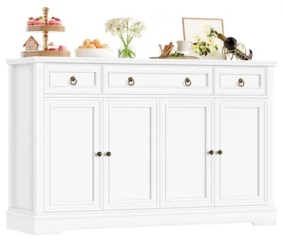 Image de Commode – Meuble de rangement pour salon avec 3 tiroirs et 4 portes – 134x40x87 cm – Armoire de rangement de style rétro, couleur blanche