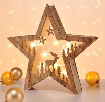 Immagine prodotto di Stella di Natale in legno con faretto decorativo a LED da 30 cm - Renna natalizia con illuminazione standard - Luce bianca calda - A batterie - Decorazione natalizia