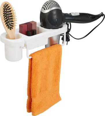 Image de Support mural pour sèche-cheveux Relaxdays sans perçage, en plastique, avec support pour câble et étagères, dimensions : 9 x 30 x 10,5 cm, blanc