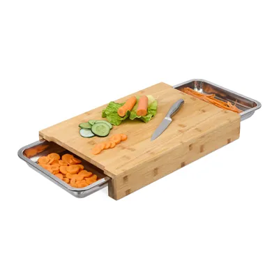 Image de Planche à découper Relaxdays avec 2 bacs de récupération, H x l x P : 8 x 45 x 30 cm, planche surélevée, bambou et acier inoxydable, naturel/argent