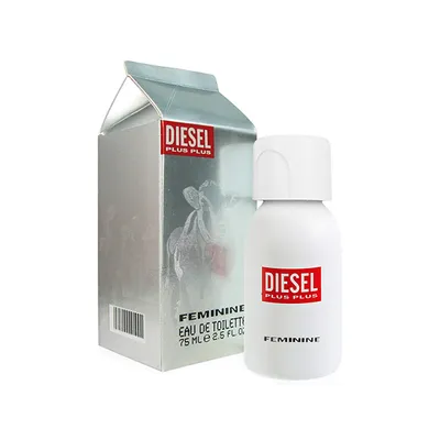 A bottle of Diesel Plus Plus Feminine Eau de Toilette and its packaging are displayed against a white background.
