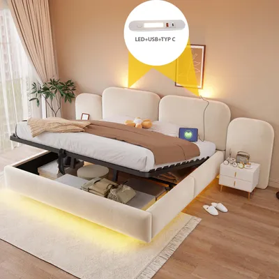 Productafbeelding van Flieks Hydraulisch verstelbaar bed met kussenbodem, 180x200 cm, met USB- en Type C-aansluitingen, tweepersoonsbed met opbergruimte, nachtlampje en LED-verlichting, multifunctioneel fluweelbed, beige