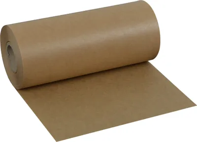 A roll of brown kraft paper is shown unrolling onto a white surface.