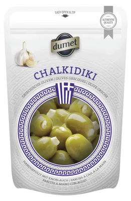 Zdjęcie produktu dla Oliwki Dumet Chalkidiki, greckie, zielone, nadziewane czosnkiem, 150g