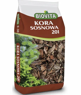 Produktbild von Biovita Kiefernrinde Fein Gemahlen 0-30mm, Rindenmulch, Gartenrinde, Beetabdeckung, Mulch, Bodenverbesserer 20L, KI-generiertes Bild