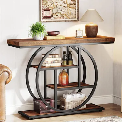 Immagine prodotto di Tavolino consolle stretto, dimensioni 105 x 30 cm, con 4 ripiani, design industriale, colore marrone rustico