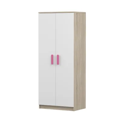 Produktbild von Drehtürenschrank JONAS 06 – Kinderschrank 80 cm Sonoma/Weiß mit rosa Griffen