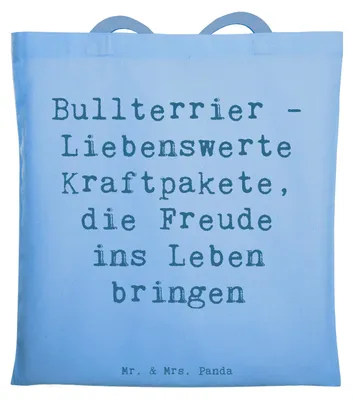 Produktbild von Mr. & Mrs. Panda Tote Bag Spruch Bullterrier Kraftpaket - Sky Blue - Geschenk, Hunderassen, Einkaufstasche, Tragetasche, Familienhund, energiegeladene Hunde, Tasche, Hund