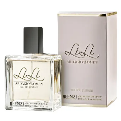 A bottle of Jfenzi Lili Ardagio Woman Eau de Parfum and its packaging are displayed against a white background.