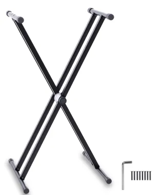 Obrázek produktu pro Stojan na klaviatura s X-rámem, robustní konstrukce, nastavitelná výška, dvojitá trubka, hliníková slitina, mechanismus aretace, protiskluzové gumové podložky, vhodný pro digitální klavíry s 61-88 klávesami