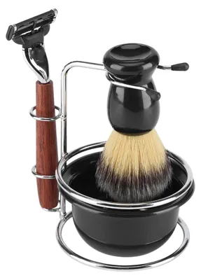Image de Kit de rasage 4 pièces : rasoir manuel, support en acier inoxydable, blaireau et bol